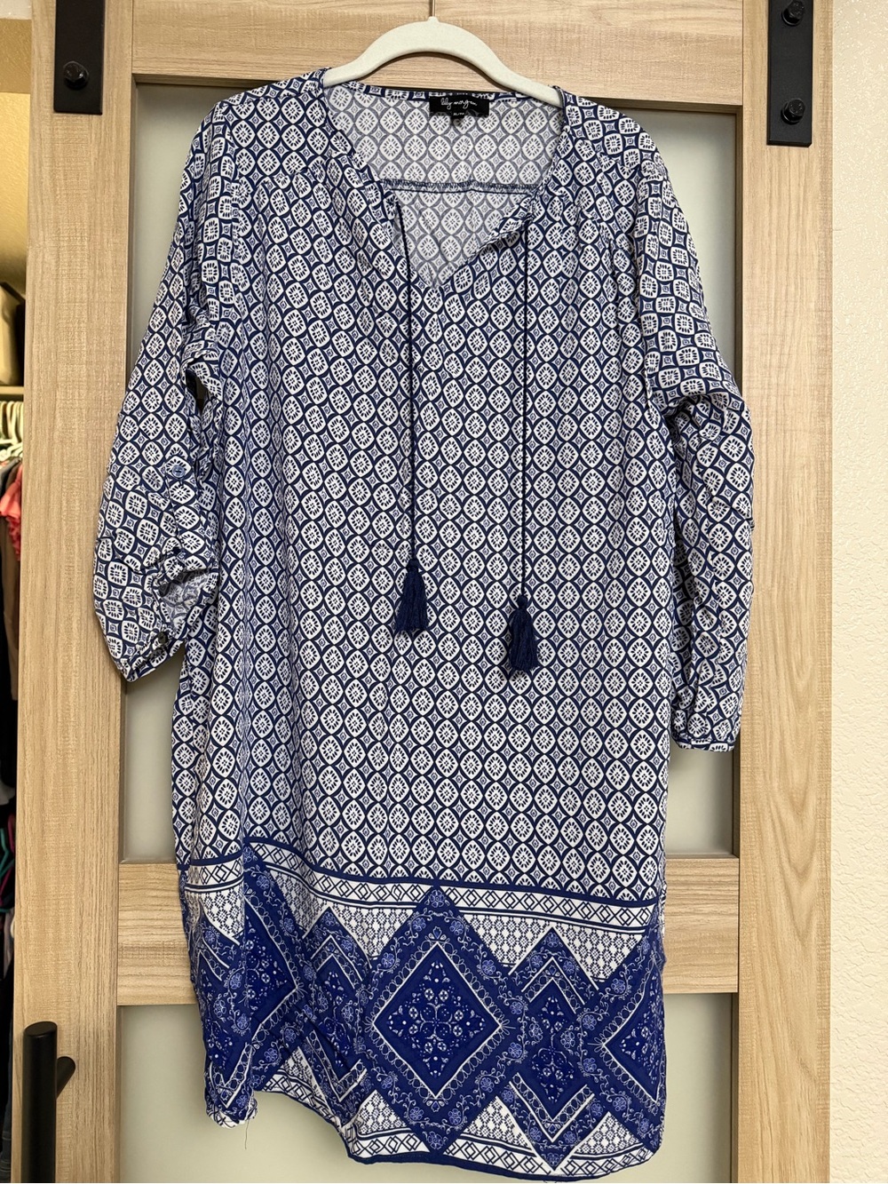 Printed Blue Tie-Neck Midi Dress